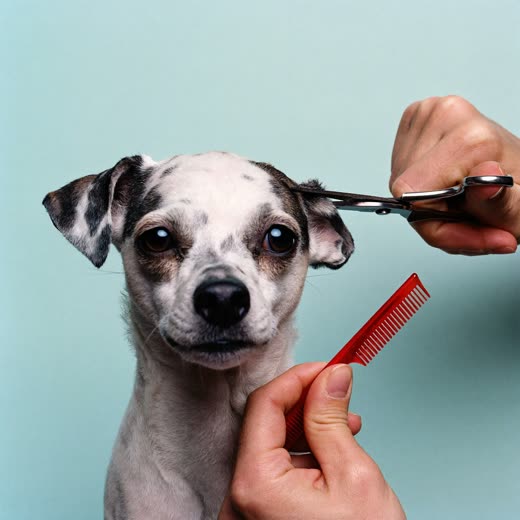 A dog's coat being trimmed with grooming scissors